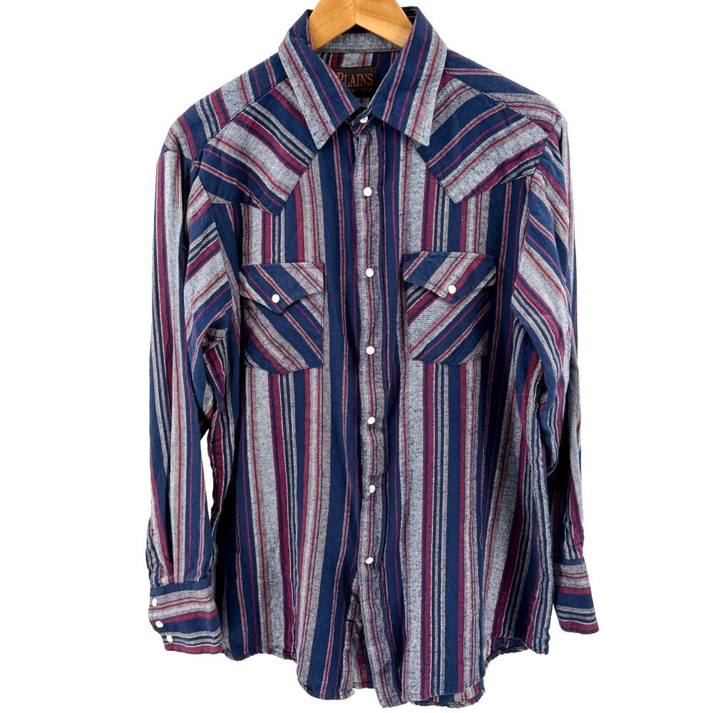 Plains Western Wear Navy Striped 100% Cotton Pearl Snap Flannel Shirt